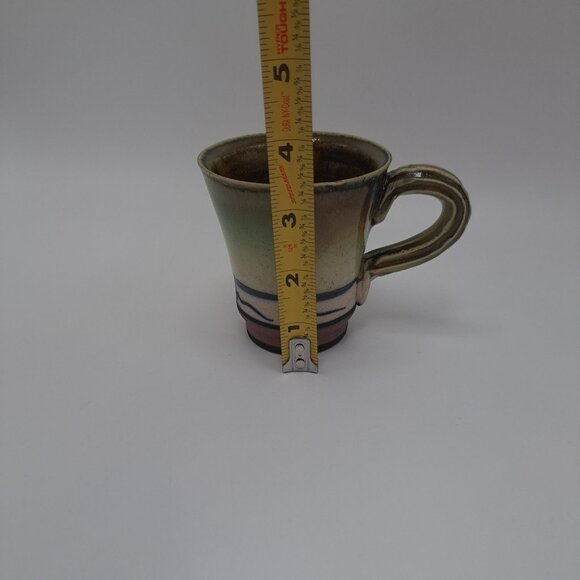 Studio Artisan Pottery Mug Green Brown Glaze Line Accent Coffee Cup Rustic - Picture 2 of 14